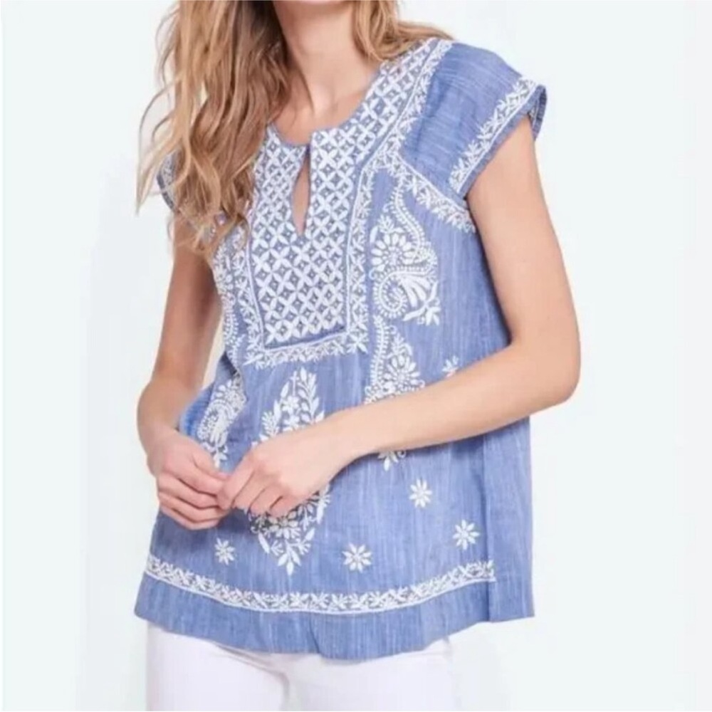 Roller Rabbit Faith Top Chambray Embroidered Cotton Soft Luxe coastal